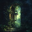 © Woranuch - A large, ornate key hangs from a stone archway leading to a mystical forest.