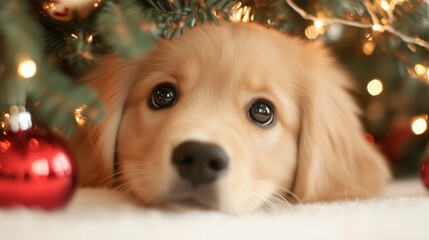 golden retriever puppy peeks out from under Christmas tree, surrounded by festive decorations and twinkling lights, evoking sense of warmth and joy