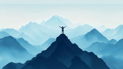 silhouette of a person standing on a mountain peak with arms outstretched, overlooking a vast blue m