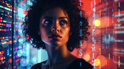 Aufkleber - A woman stands in a brightly lit space, her curly hair framing her face as she looks thoughtfully at the colorful projections of data and numbers around her, creating a striking ambiance.