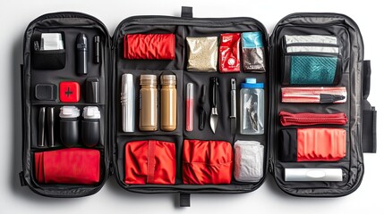 Comprehensive first aid kit designed for outdoor activities and wilderness survival, featuring essential items and a detailed layout for emergency preparedness.