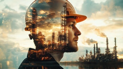 A man in a hard hat with a double exposure of an industrial refinery behind him.