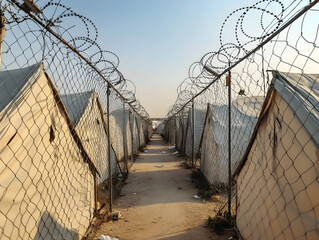 A fence with barbed wire on it separates a group of tents. The tents are all white and appear to be makeshift. Scene is one of confinement and isolation