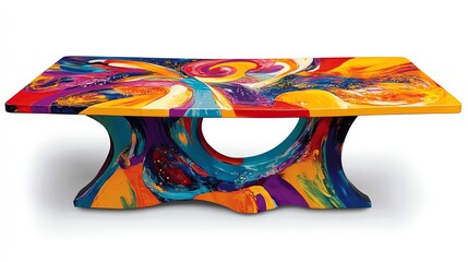 A table with a vibrant hand-painted tabletop featuring abstract art on a smooth white background