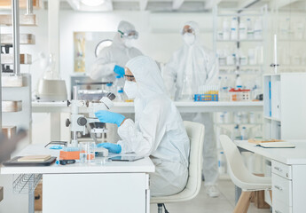 Canvas Print - Microscope, ppe and scientist checking virus, test results or pharmaceutical innovation with mask. Safety, person or lab technician at desk in bacteria research, medical danger or vaccine development