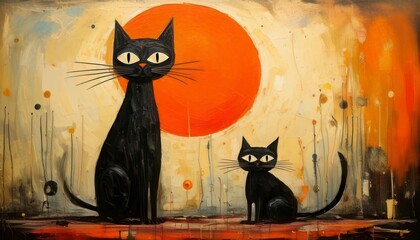 Surreal, abstract painting featuring two black cats with exaggerated. Generated image