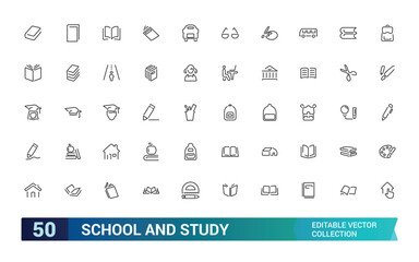 Set of line icons related to school and study, Containing learning, education. Outline icon collection. Editable stroke. Pixel perfect. Vector illustration.