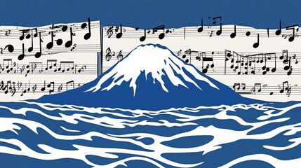 A stylized illustration of Mount Fuji rising from the ocean with a sheet of music behind it.