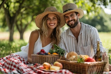 Couple relaxing on a picnic at park, Generative AI