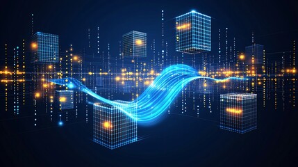 Abstract digital data flow with glowing cubes and lines.