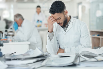 Wall Mural - Science, stress and man in laboratory with documents for medical analysis, research and study. Healthcare, biotechnology and scientist with paperwork for burnout, fatigue and frustrated at desk