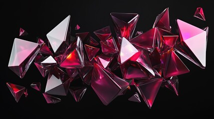 Abstract scattered triangle and prism shapes of glass like material and gradient coloured background