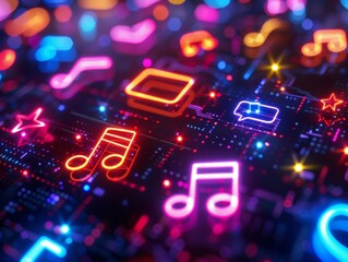 Wall Mural - A vibrant, digital collage showcasing neon music symbols against a dark, circuit-like background, evoking the energy of modern music and technology.