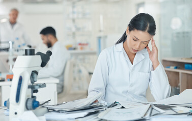 Wall Mural - Science, stress and woman in laboratory with headache for medical analysis, research and study. Healthcare, biotechnology and scientist with documents for burnout, migraine and frustrated at desk