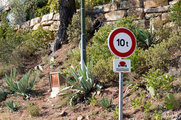 Panel double traffic sign prohibiting vehicle transporting polluting materials and b13 maximum weight 10 Tonnes 10t signage on the road