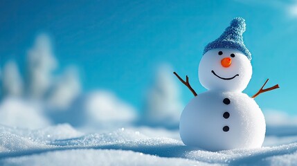 Christmas Background, Cheerful snowman with a blue hat and orange nose, set against a snowy background.