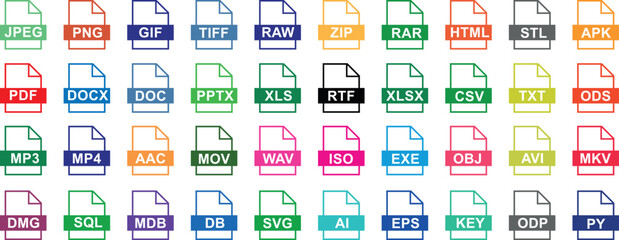 file type icon set, files format type vector, png, jpeg, pdf, docx, and other file extension. variet