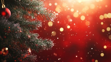Wall Mural - christmas background with xmas tree and sparkle bokeh lights on red canvas background. merry christm