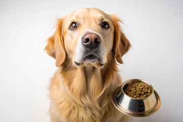 A dog is looking at a bowl of food