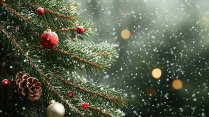 Christmas tree branches with a garland against falling snow.