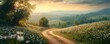 © Supakrit - Serene countryside with a winding dirt road and blooming flowers, Nature, Peace
