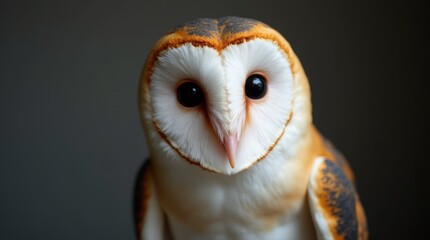 The barn owl's face is extremely close to the camera with its round heart-shaped face filling the frame