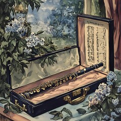 Canvas Print - A Watercolor Painting of a Clarinet in its Case with Flowers and Sheet Music.