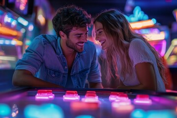 Happy couple playing coin operated air hockey game at a gaming p, Generative AI