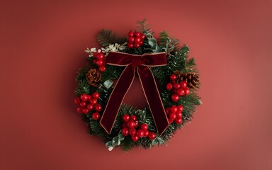 Wall Mural - a photo of A classic holiday wreath made of lush green pine needles, with red berries and a bold red bow