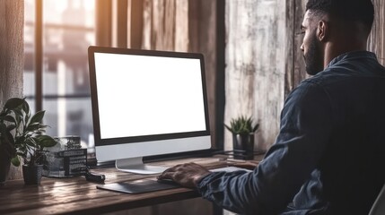 Sticker - In this mockup, a man is working on a computer with a blank screen on an office table