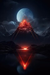 glowing futuristic neon pyramid against night starry sky. alien planet. teleportation to another wor