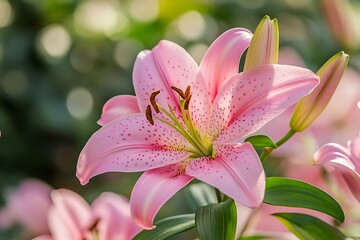 Beautiful pink lily flower in the garden on a sunny day