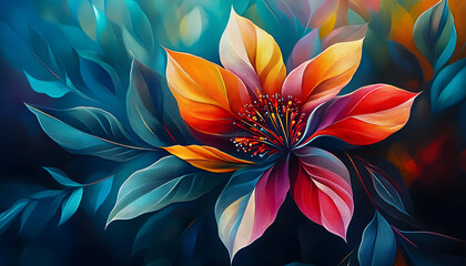 Wall Mural - A colorful painting of a flower with a blue background