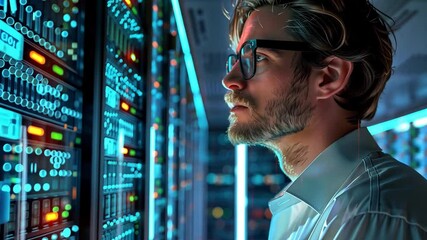 Fototapete - A technician in a white shirt examines glowing server racks in a high-tech data center, surrounded by vibrant LED lights, working late at night to ensure smooth operations.
