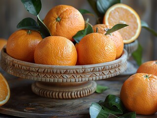 Fresh Oranges in Rustic Bowl: A Still Life of Citrus Delight