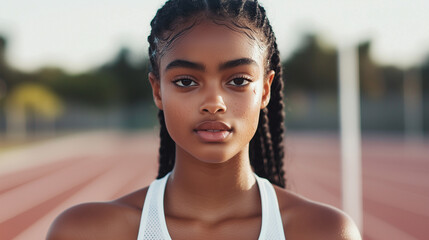 A close-up image of a confident girl athlete, her face slightly glistening with sweat, showcasing her dedication and resilience, with a clean backdrop that draws attention to her d