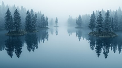 Wall Mural - tranquil morning mist envelops a calm lake surrounded by evergreen trees in a serene forest setting