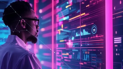 Leinwandbilder - In a futuristic setting, a man wearing glasses observes intricate digital data streams illuminated in bright colors, showcasing his deep focus on technology and information.