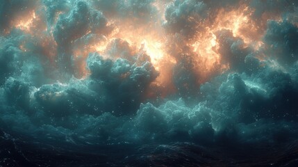 Dramatic cloud formations illuminated by orange light display an otherworldly atmosphere over a turbulent ocean at dusk