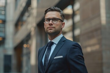 Confident Business Professional in Modern Urban Setting with Glasses and Suit, Looking Upward with Determination and Focus