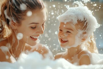 Playful mother and daughter having fun with soap foam, Generative AI