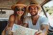 © Dhriti - Happy young couple with a map in the car, Generative AI