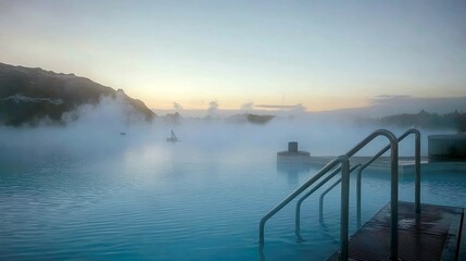  A scenic view of a geothermal spa in Iceland, with a hazy sunrise in the distance.