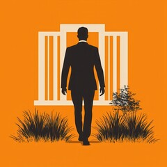 Wall Mural - Businessman Silhouette Walking Towards Open Door.