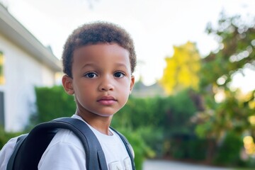 Young boy with backpack standing outdoors