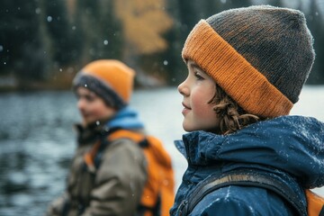 Close up of father and son fishing near a lake, Generative AI