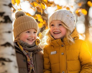 Two cheerful children enjoying autumn leaves under warm sunlight.