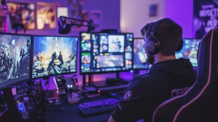 Young gamer streaming video games in a vibrant setup