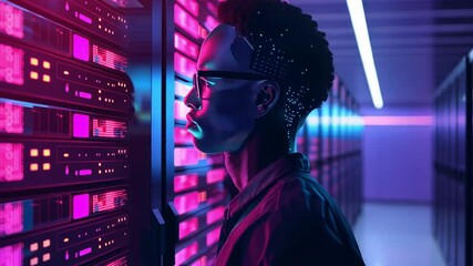 Fototapete - In a vibrant data center, a young individual observes rows of servers, illuminated by colorful LED lights, as they work late into the night on critical technology projects.