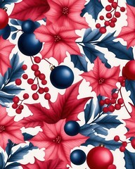 Winter watercolor floral pattern with Christmas balls, fir branches, and berries, vibrant holiday colors, seamless design Suitable for festive greeting cards and flyer designs